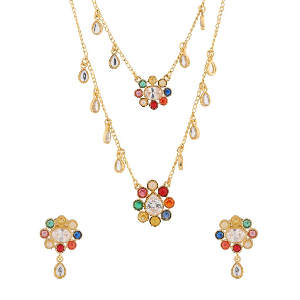 Navratna Rainbow Royals Layered Collar Necklace Set : 8905124570779