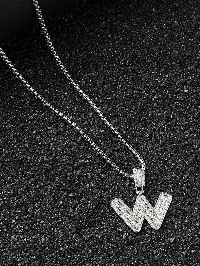 Men'S Embellished Alphabet Pendant Necklace - Silver : FANC1071-W