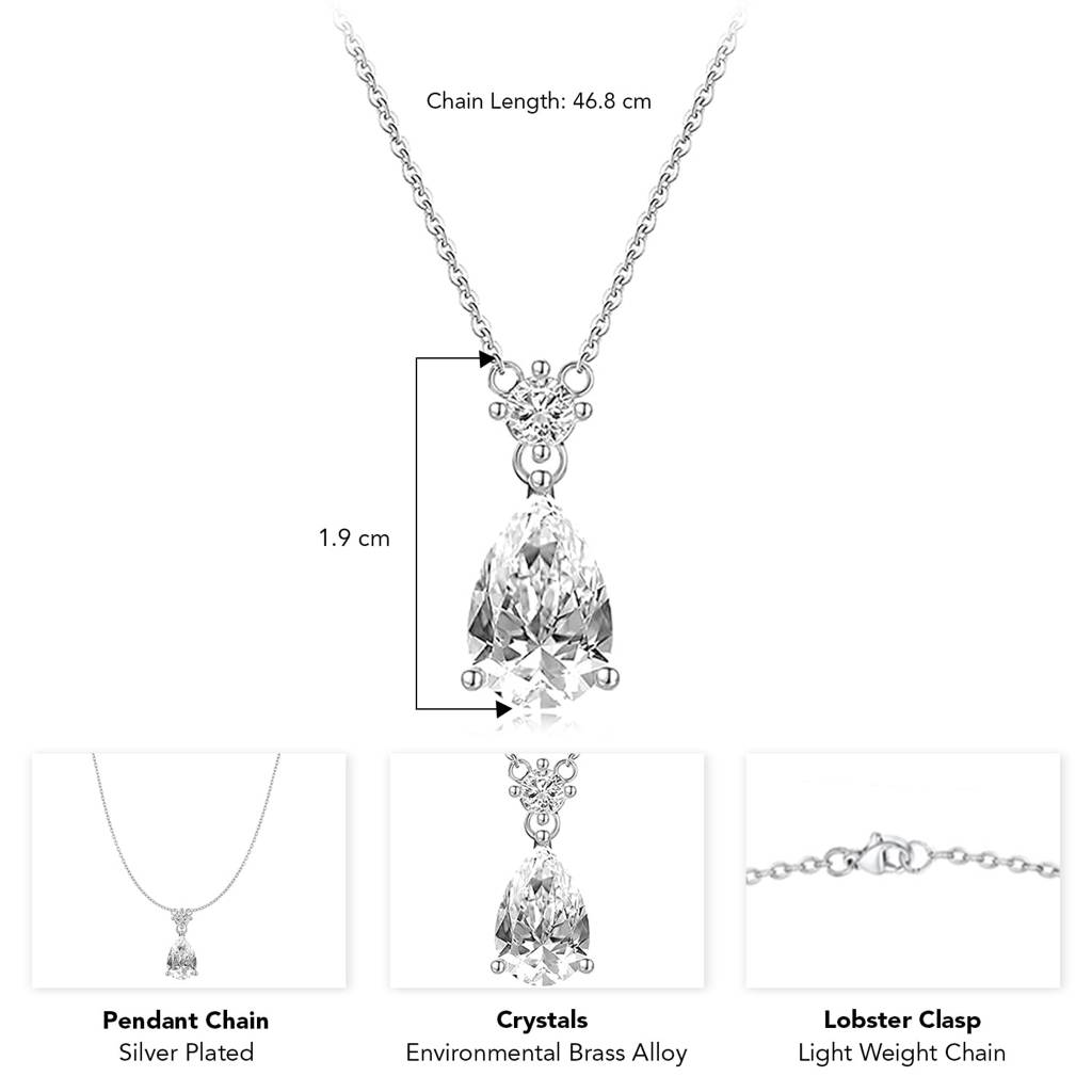 Silver Plated Crystal Studded Tear Drop Shape Pendant Chain With Drop Earring Set Fashion Jewellery For Women & Girls : PX9P72S