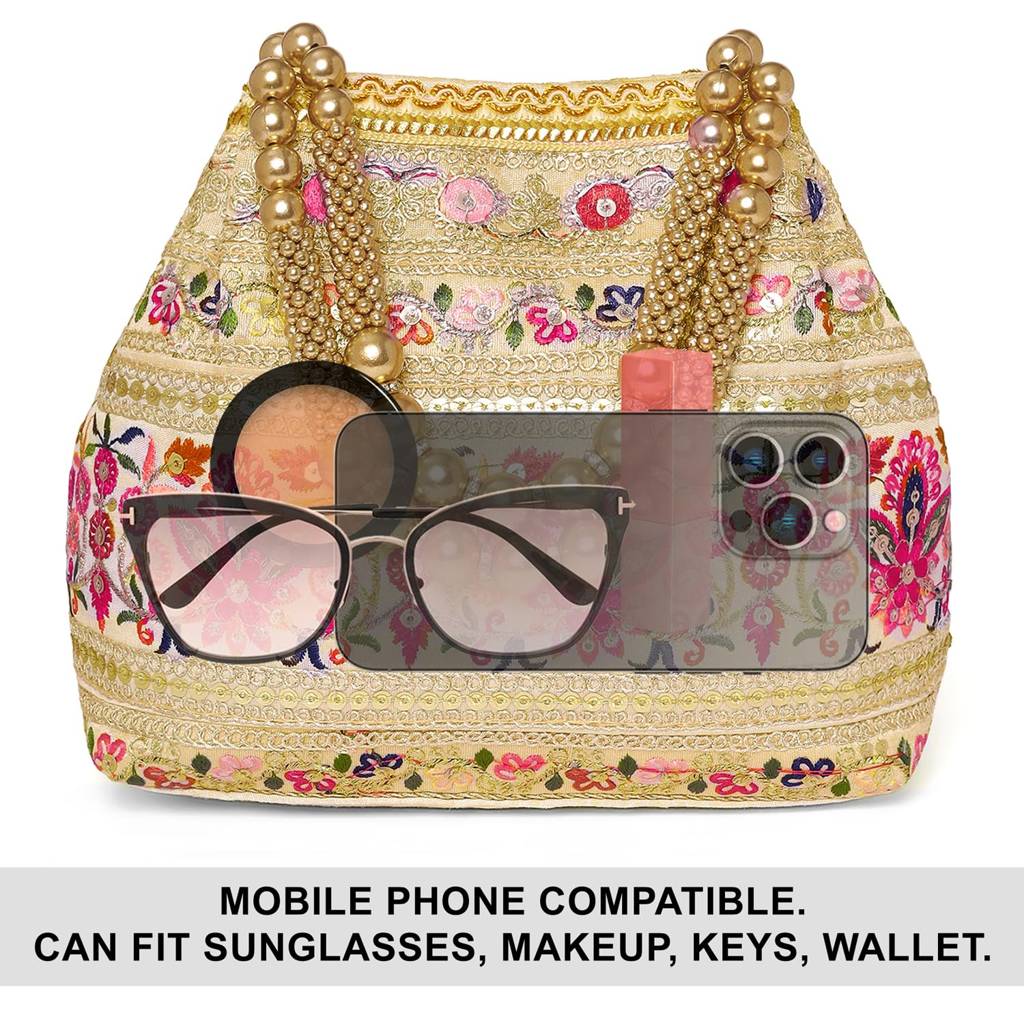 Cream Embroidery Polti Bag With Multicolor Floral Motive Handbag For Women & Girl : P208CRM-L