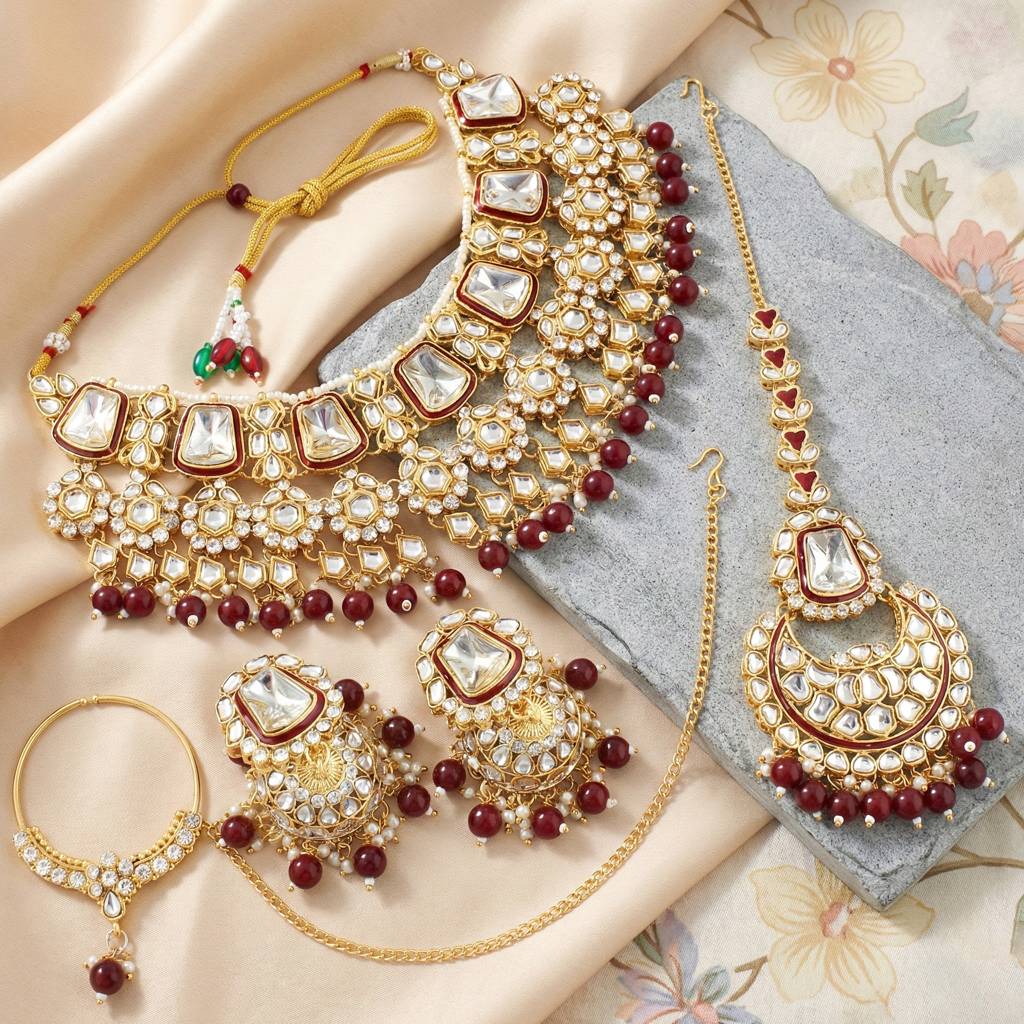 18 Kt Gold Plated Bridal & Semi-Bridal Necklace Set With Earrings, Maang Tikka & Nath : 2476-M8SK-1101-M