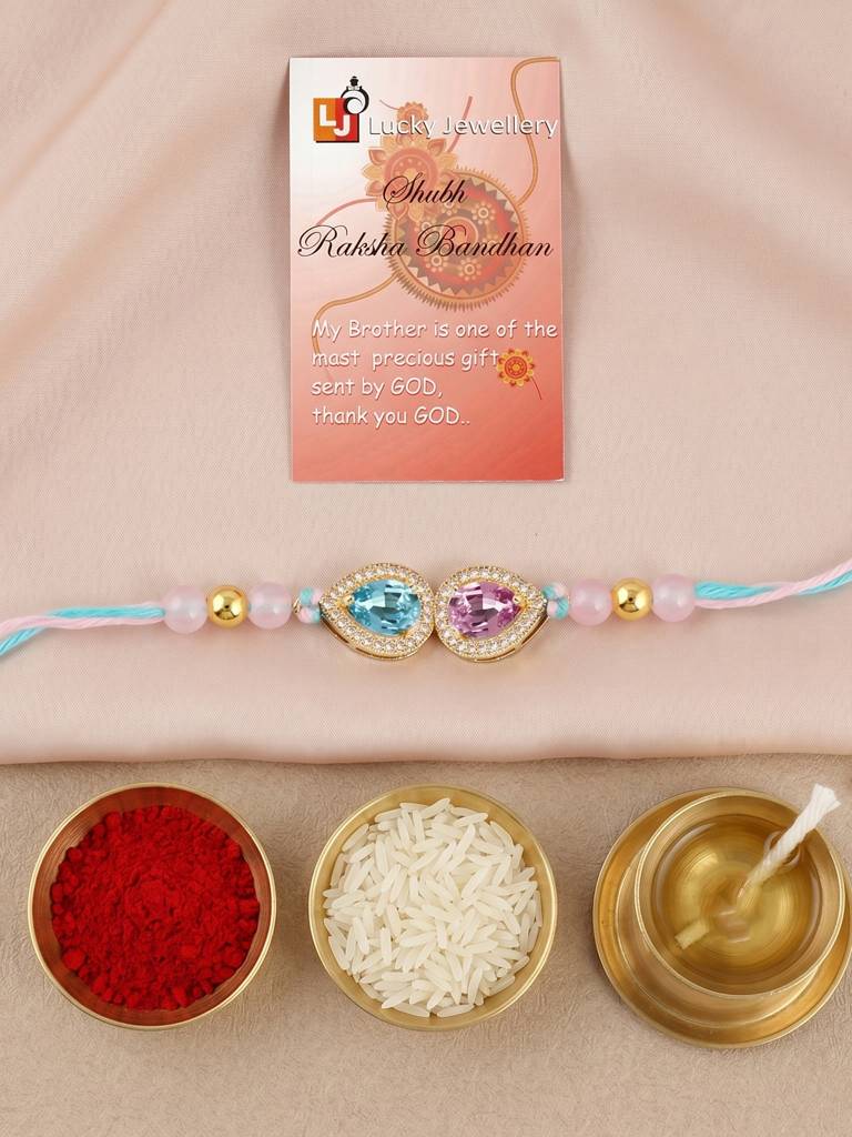Rakhi For Brother With Blue & Pink Drop Ad Pendant, Smooth Pastel Beads,Roli Chawal & Card (176-Chr : 176-CHR1-1279-PKF-1-2026