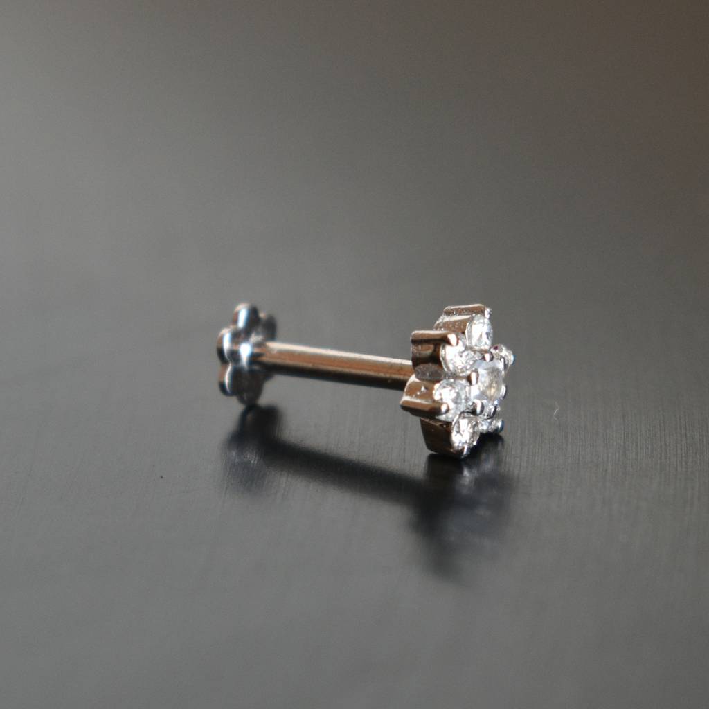 Floral Diamond And Moonstone Nose Stud In 14K White Gold : Np566-14W-E