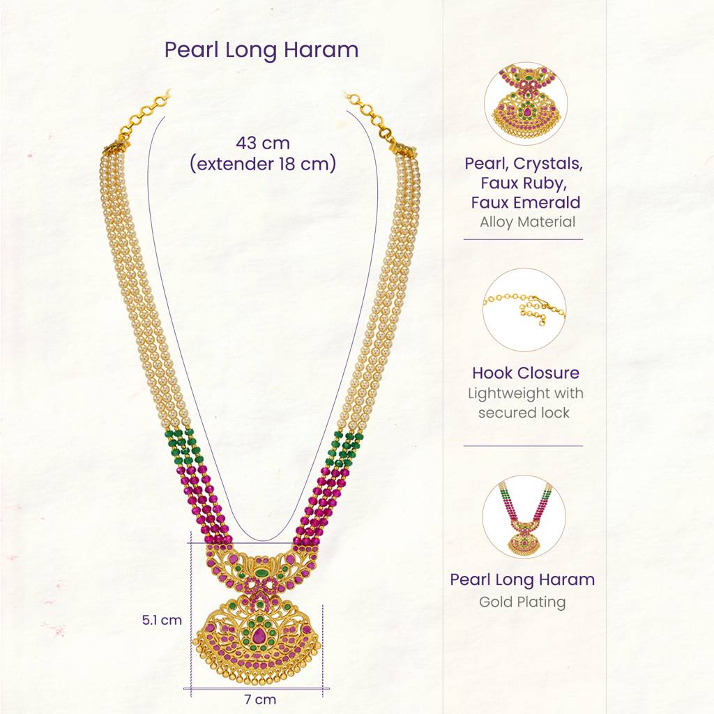 Ethnic Beads Layered Long Necklace For Women & Girls Gold Plated Faux Ruby Emerald & Pearl Studded Traditional Fe : PF10ML28RG