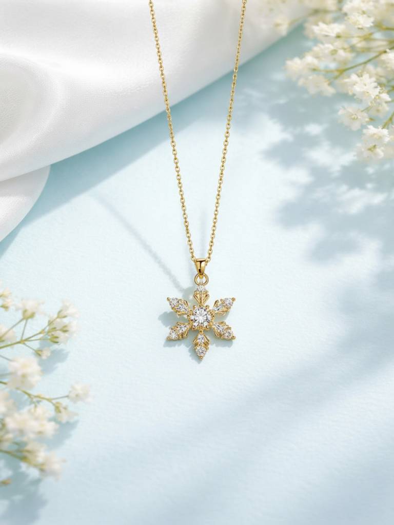 Gold Plated Snowflake Crystal Pendant Necklace For Women & Girls : NEC-499-A8383