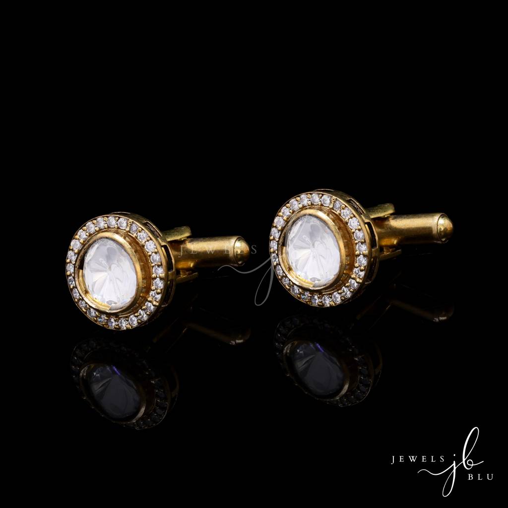 Classic Polki Gold Finish With Diamond Cluster Mens Cufflink Pair : 700021_2