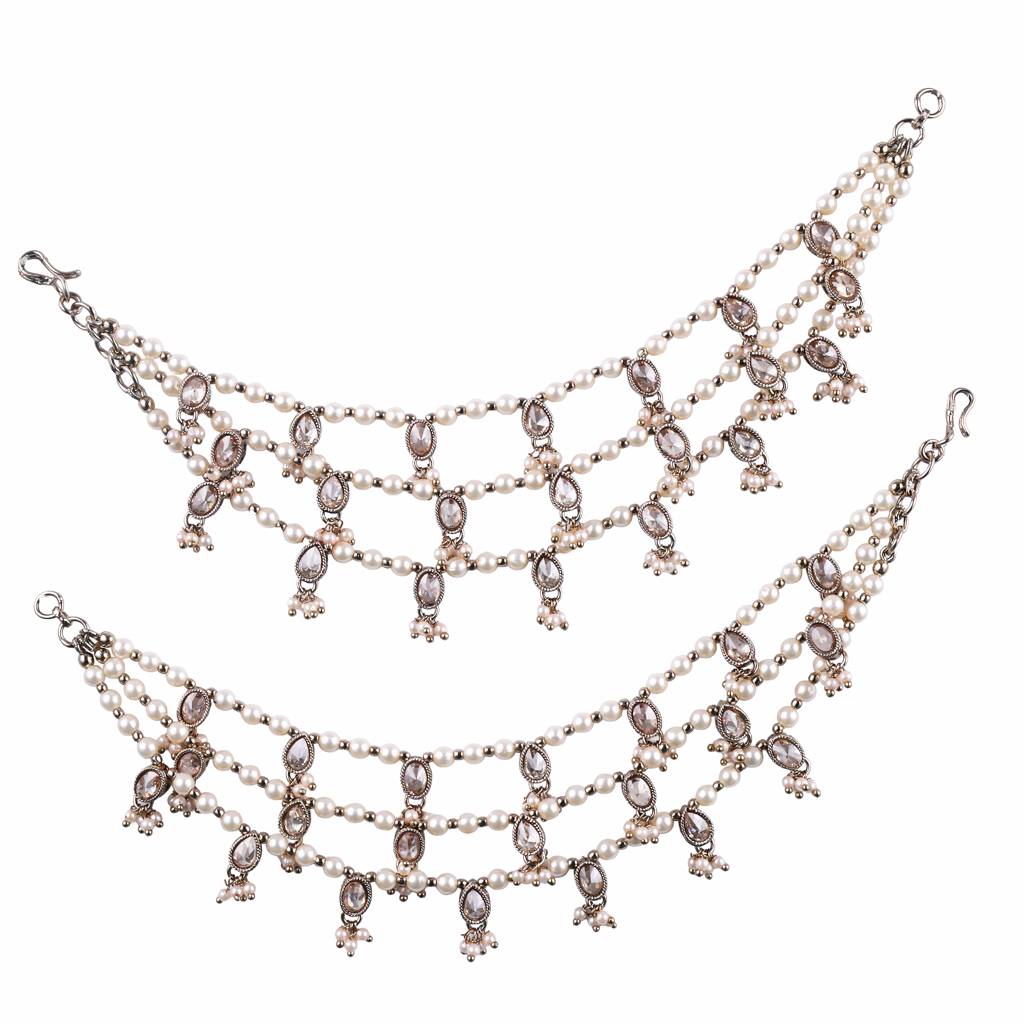 Creative Oval And Circle Shape 3 String White Kundan Stone Pearl Antique Gold Plated Set Of 2 Ear-Chain  : 6KC02-Half-White_MD