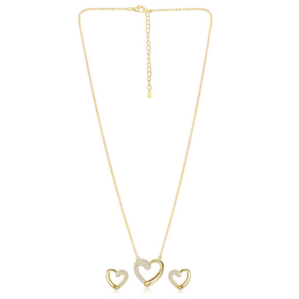 Gold Plated Cz Studded Heart Motif Pendant Chain With Stud Earring Stylish Jewellery Set For Women & Girls : PF68PS97G