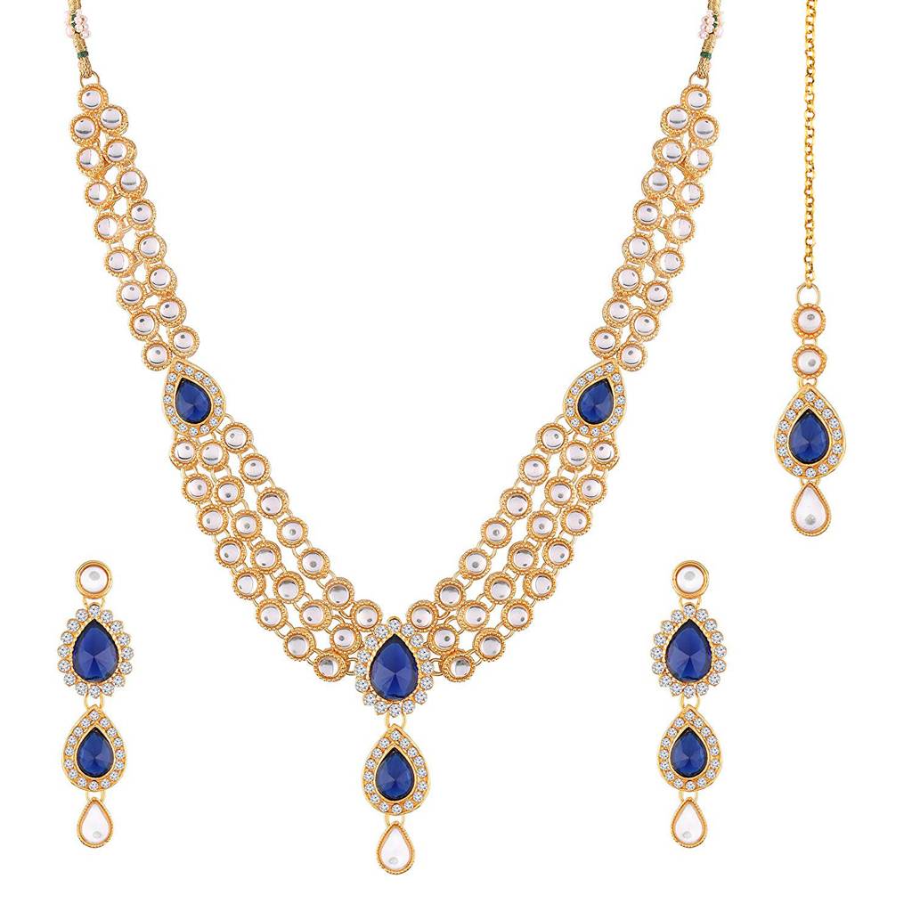 Peora Stones & Kundan Studded Traditional Necklace Jewellery Set Gift For Women : PF37NIJ315BL