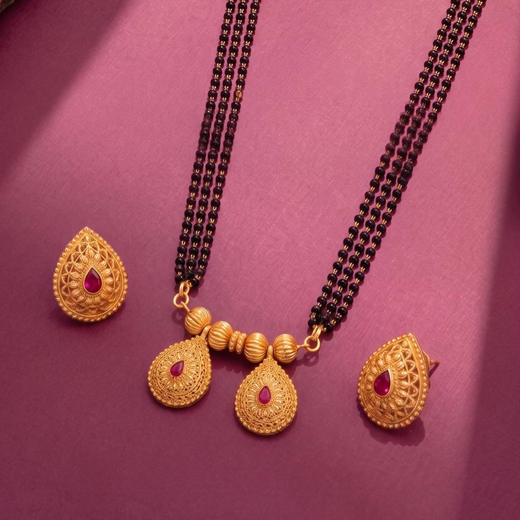 Gold Plated Traditional Mangalsutra Earrings Set For Women | Faux Ruby Studded | Festive & Bridal Jewellery : PF04MS14RG