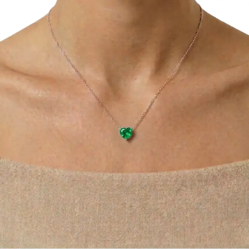 Green Heart Solitaire Semi Silver Pendant Necklace : HERT-GRN-10-SM-W-C