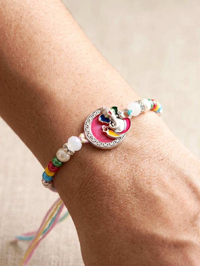 Lord Ganesha Circular Ganpati Silver-Finish Enamel Beaded Rakhi Set For Brother, Roli & Card (132-S5R1-Ar2773) : 132-S5R1-AR2773