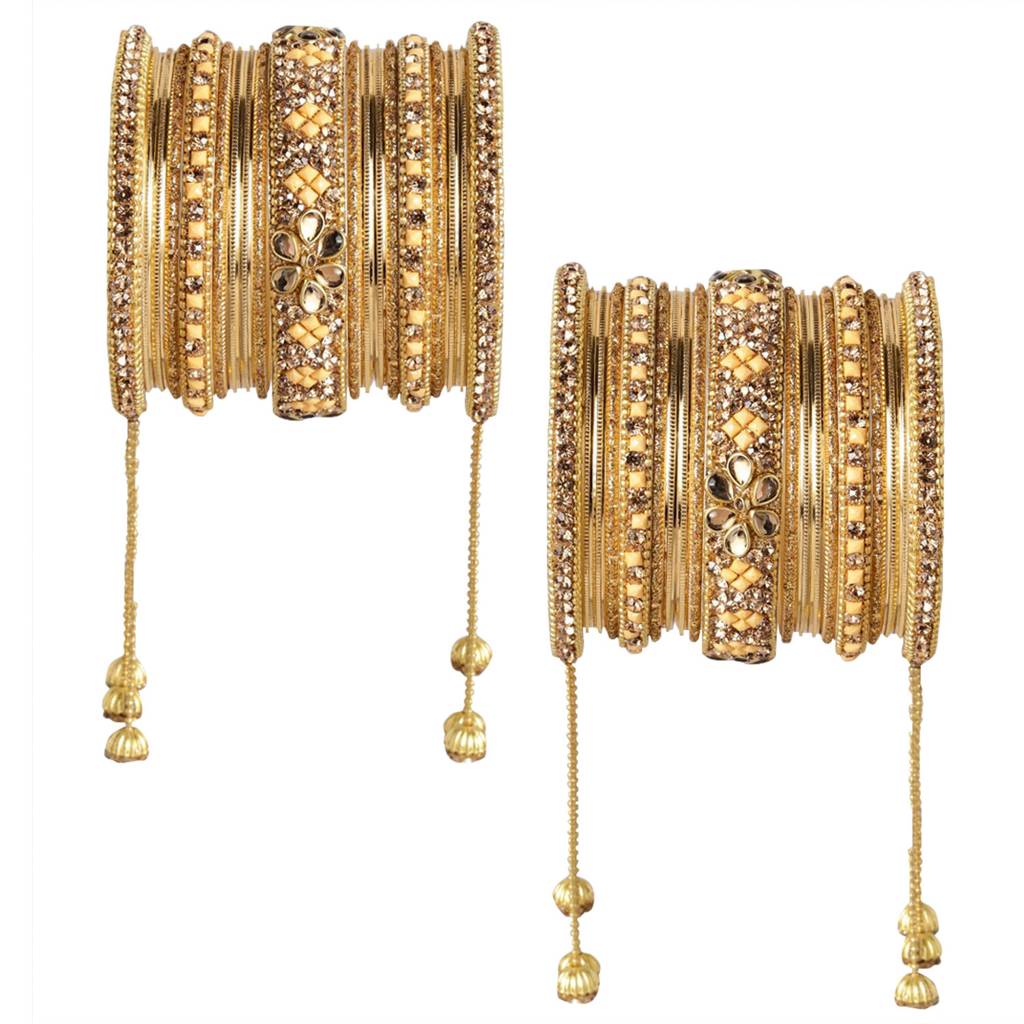 Stone Studded Metal Chuda Bangle Set With Hangings For Women Wedding Bridal Indian Traditional Ethnic Jewellery : PF51B43LCT