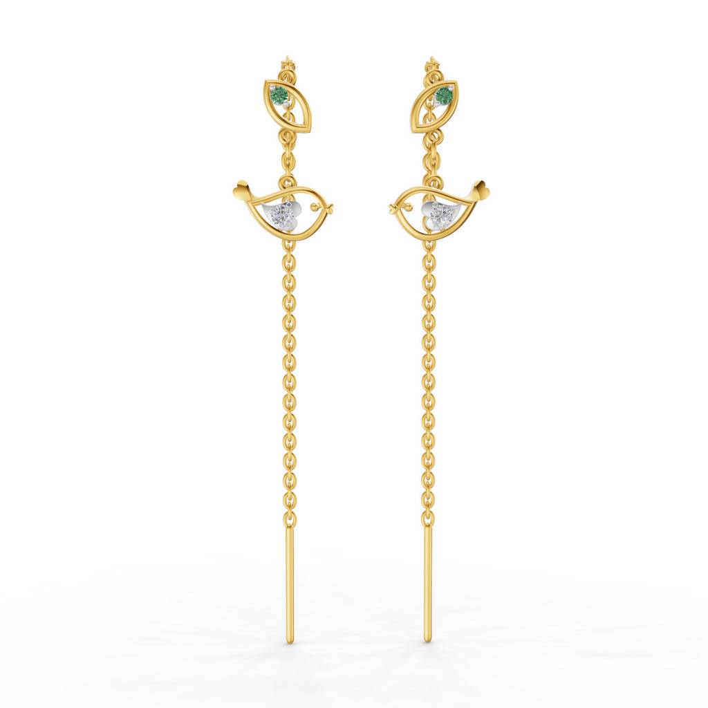 Lab Grown Diamond 0.06Ct 925 Sterling Silver Gold Plated Birdie Threader Earrings : SQT19732-EG-925S-006CT