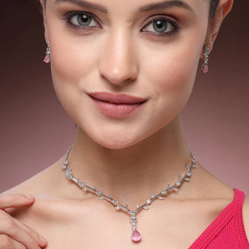 Refined American Diamond Teardrop Vine Leaf Motif Necklace Set– Lightweight Signature Jewelry For Bridesmaid : AD-854-IRMPNKER