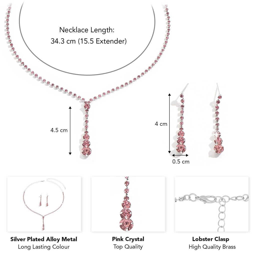 Silver Plated Pink Crystal Studded Necklace And Drop Earring Stylish Jewellery Set For Women & Girls : PX9N90