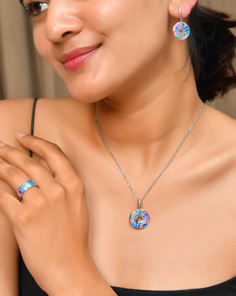Sterling Silver Enamel Disc Jewelry Set – Color-Splash Necklace, Dangle Earrings & Ring : ZIRAK-Pendant-064