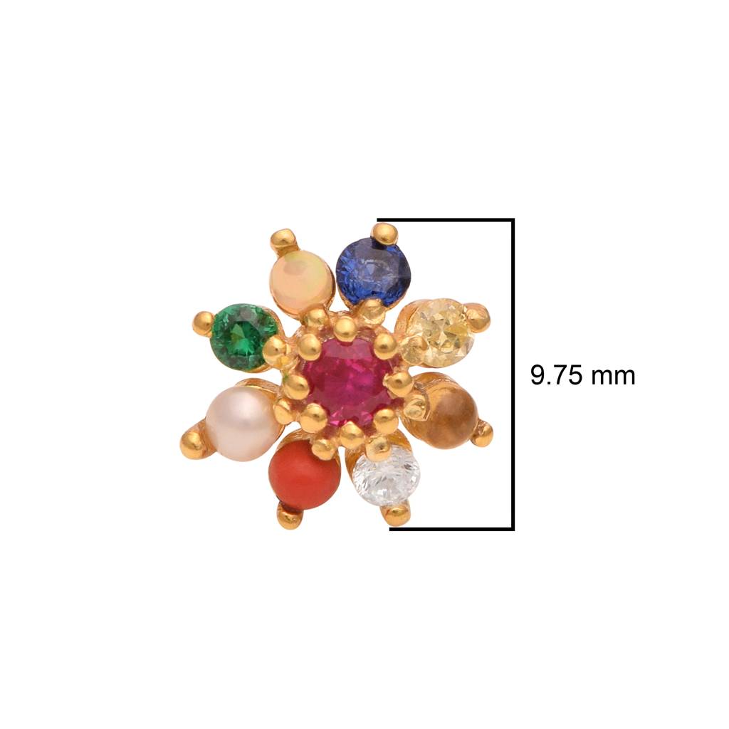 Navratna Floral Nose Pin 925 Sterling Silver Gold Plated : NP-00207_925S_YP_
