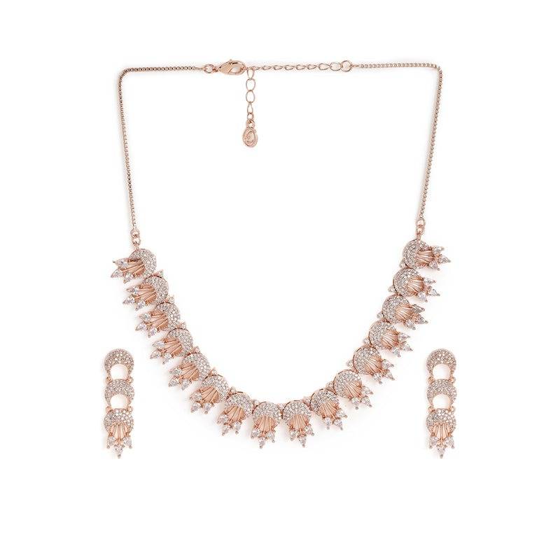 Classic Leaf Motif Collar Rose Gold Plated White Cz Necklace Set For Celebration Occasions : AD-898-RGWENKER