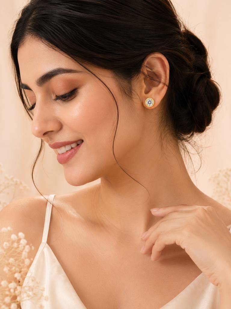 Round Halo Cz Stud Earrings In 18K Gold Plating : AN-VM-GO-0138-DE