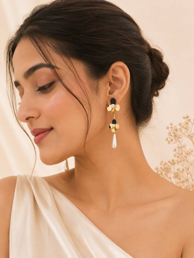 Double Floral Pearl Drop Earrings : AN-LJ-GO-0072-DE