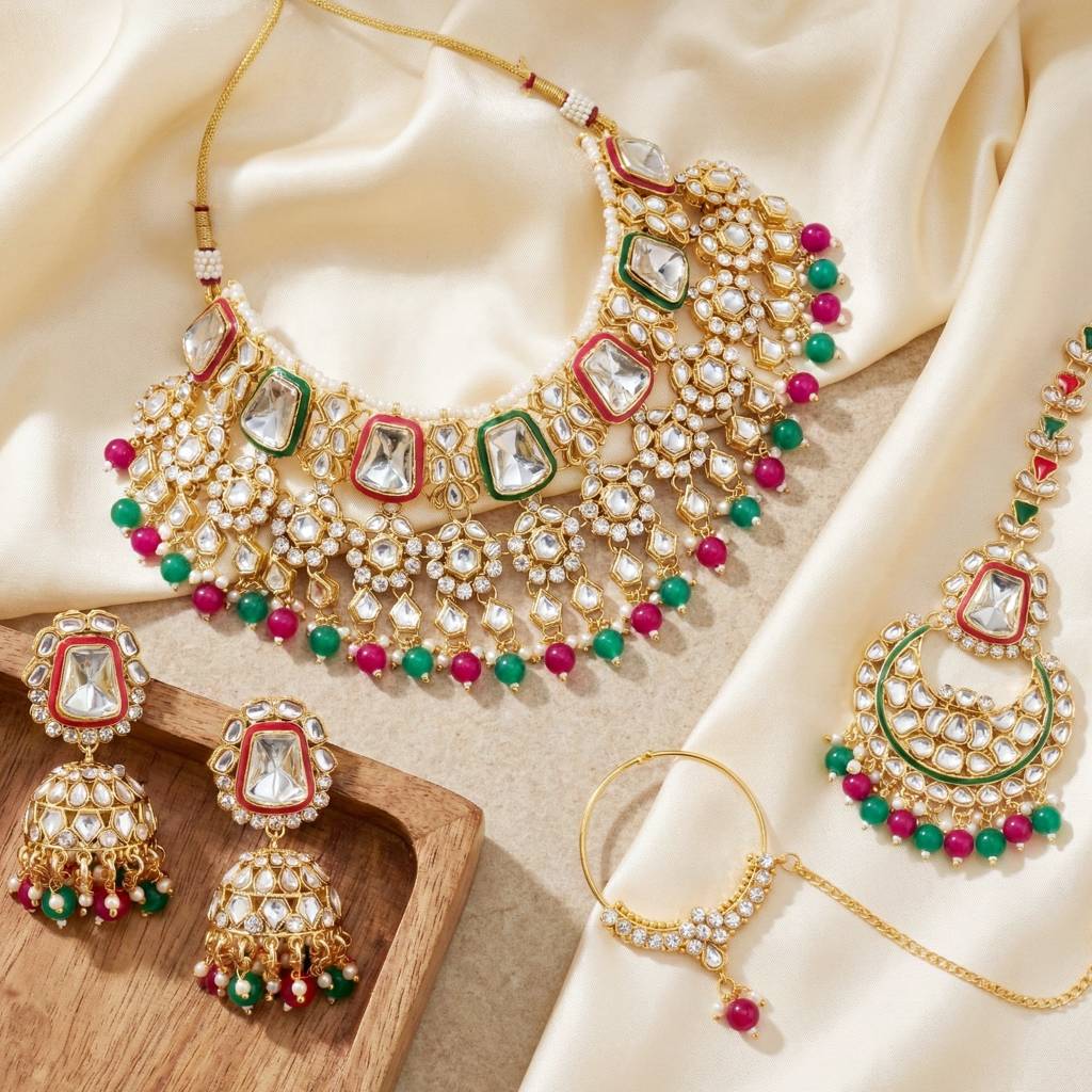 18 Kt Gold Plated Bridal & Semi-Bridal Necklace Set With Earrings, Maang Tikka & Nath : 2476-M8SK-1101-RG