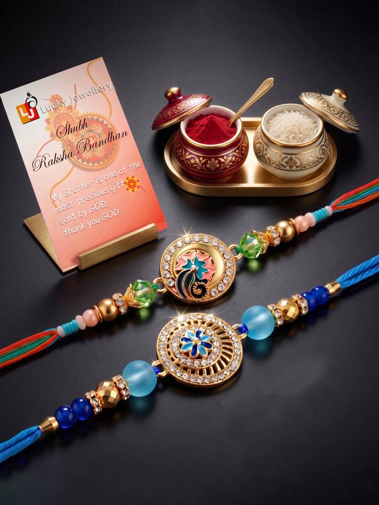 Lucky Jewellery Set Of 2 Rakhi With Peacock & Floral Pendants, Blue & Green Beads, Roli Chawal & Card (173-S : 173-S7R1-2317-2