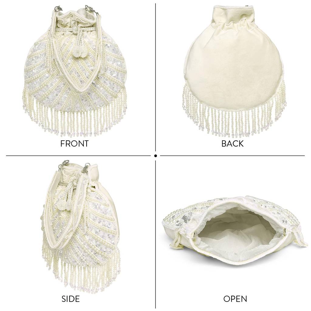 White Pearl Embellished Potli Bag For Women With Handcrafted Tassel Bag Ethnic Bride Purse With Drawstring : P196W-1-F