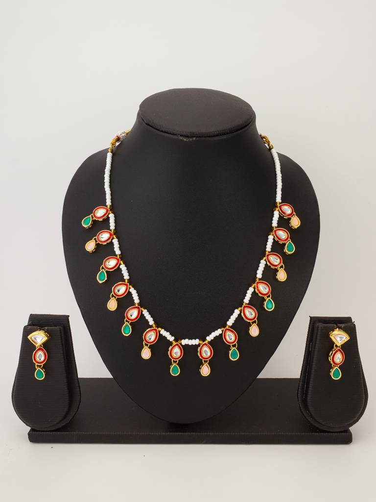 Pearl Bead Necklace Set With Multi-Color Kundan Teardrop Pendants : NK4670