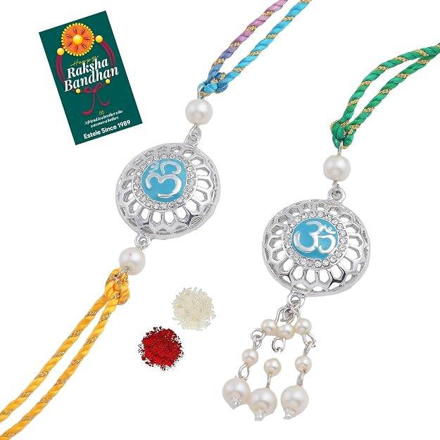 Rhodium Plated Auspicious Om Rakhi Set For Brother & Bhabhi With Silk Thread : 249-IR-RAKHI