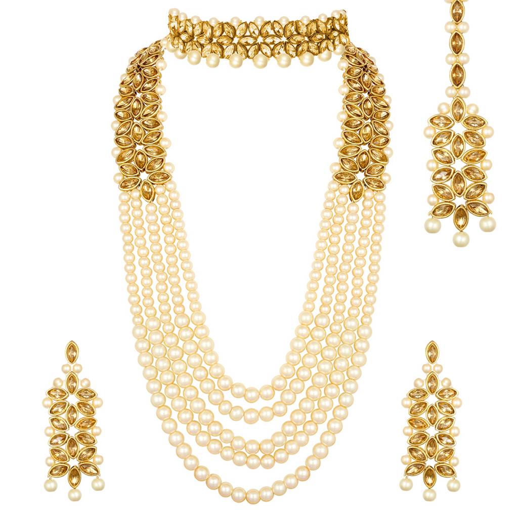 Peora Gold Plated Traditional Kundan Brass Alloy Long Necklace Jewellery Set With Earring Maang Tikka For Women : PF25BR105LCT