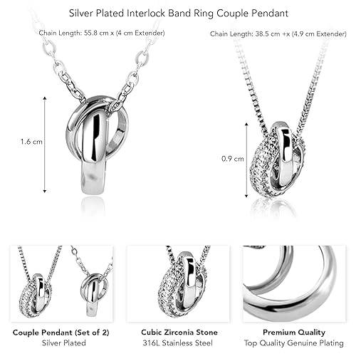 Silver Plated Interlock Band Ring Style Couple Pendant Chain Necklace Contemporary Jewellery For Men Women : PFCCP24