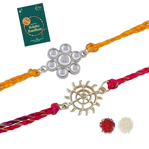 Gold & Rhodium Plated Sacred Sign, Kundan Polki Work Bracelet With Austrian Crystals And Fancy Silk Thread ( : COMBO-228-RAKHI