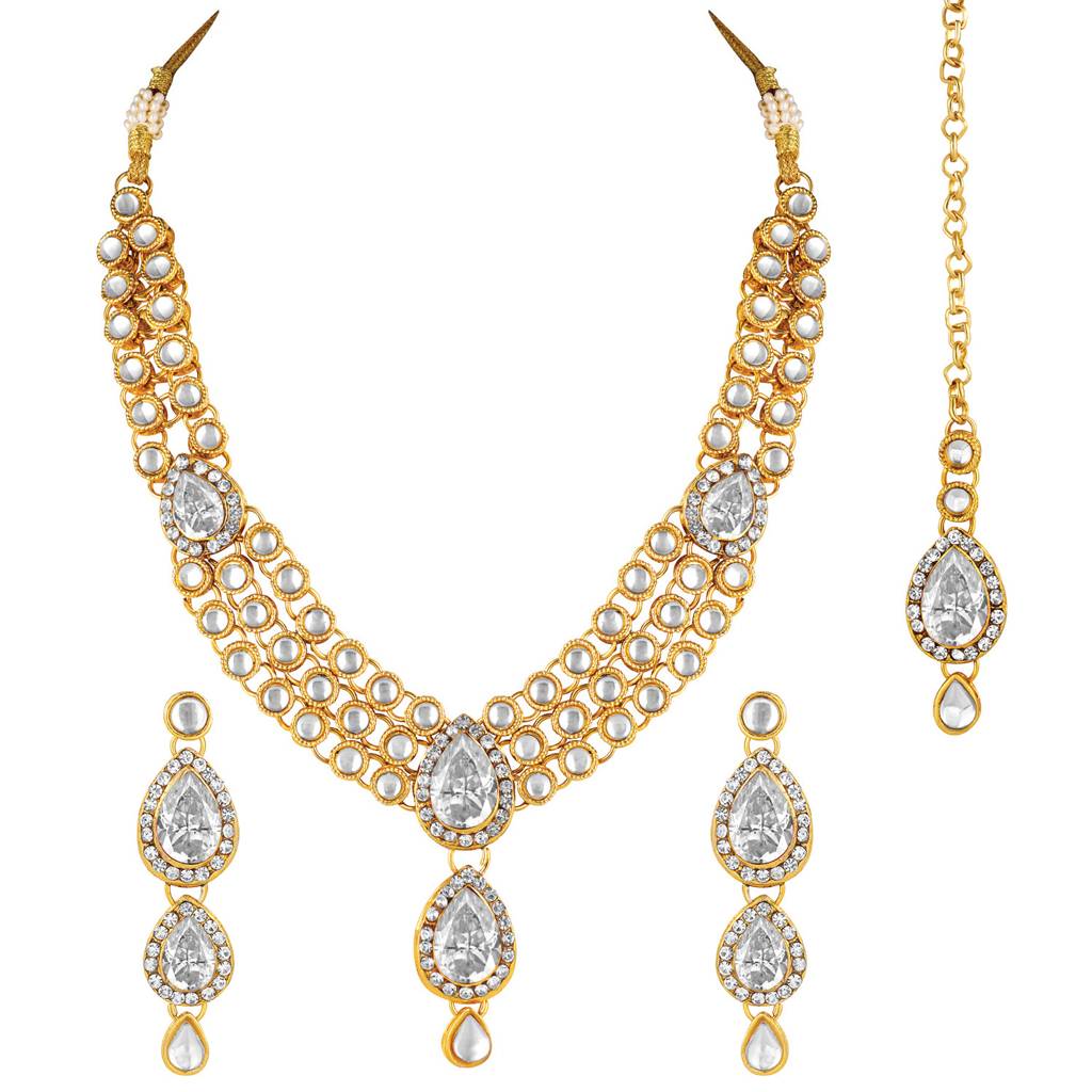 Peora Gold Plated Traditional Kundan Studded Long Necklace Jewellery Set With Earring Maang Tikka For Women Girls : PF25N009W