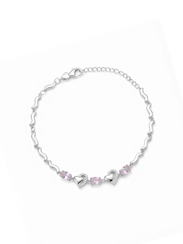 925 Silver Pink Gemstone Open Heart Bracelet For Women : BR-53