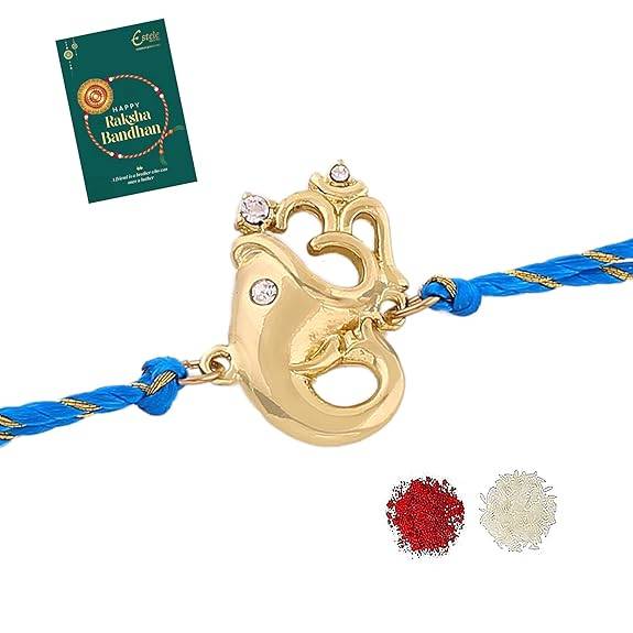 Gold Plated Blessed Ganesh Rakhi With Austrian Crystals And Fancy Silk Thread : 158-IG-RAKHI