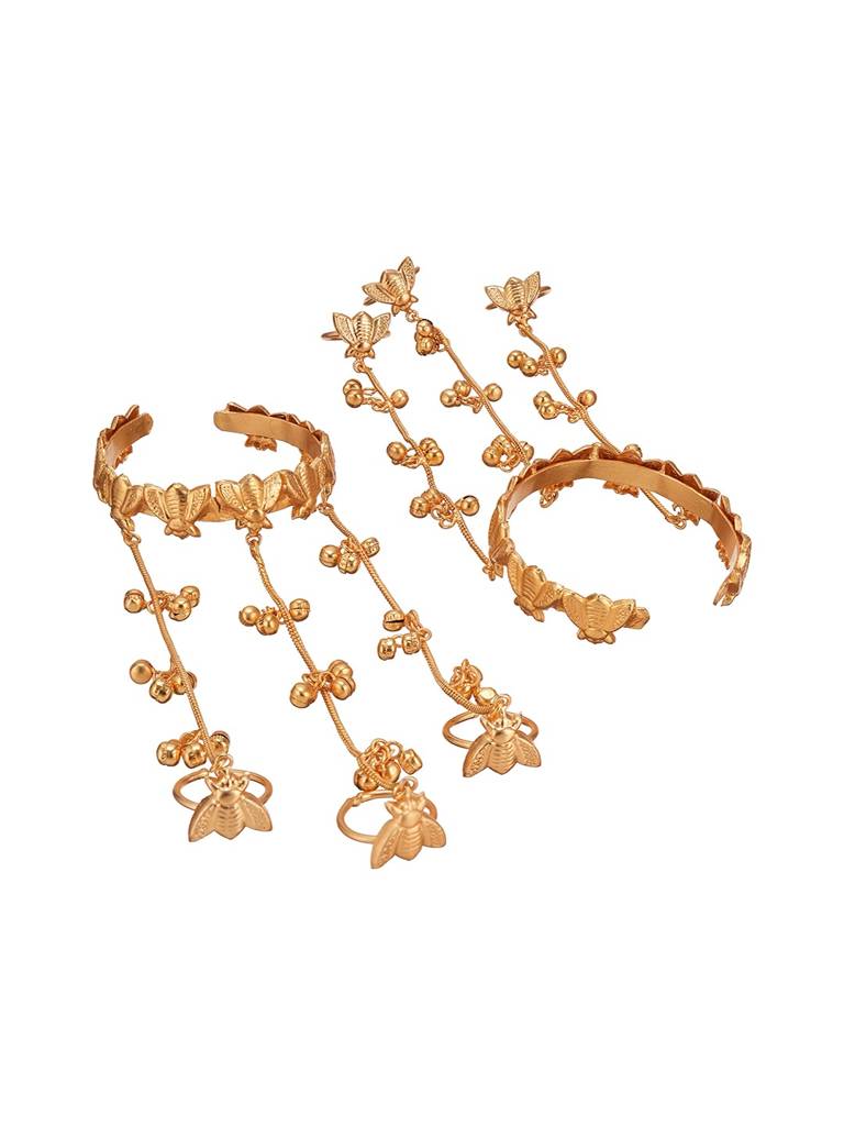 Set Of 2 22K Gold Plated Honey Bee Ghungroo Multi Chain Hand Harness Adjustable Cuff Bracelet Hathphool : SJHP3005