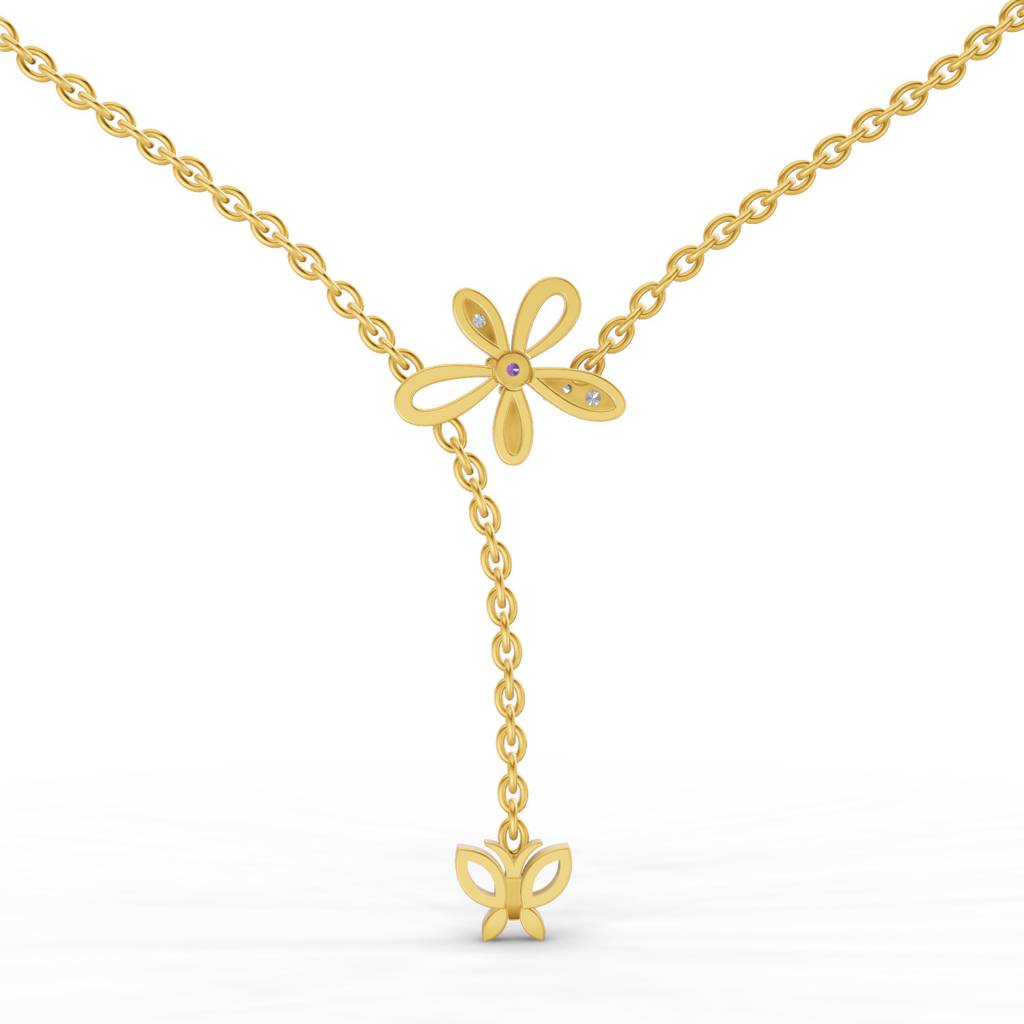 Lab Grown Diamond 0.07Ct Round 925 Sterling Silver Gold Plated Butterfly Necklace : SQN19728-NK-925S-007CT