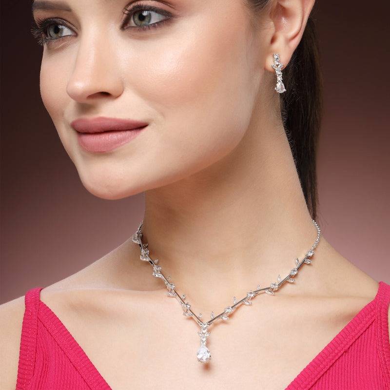Elegant Rhodium Plated White American Diamond Vine Design Necklace Set – Timeless Lightweight Jewelry For Br : AD-854-IRWENKER