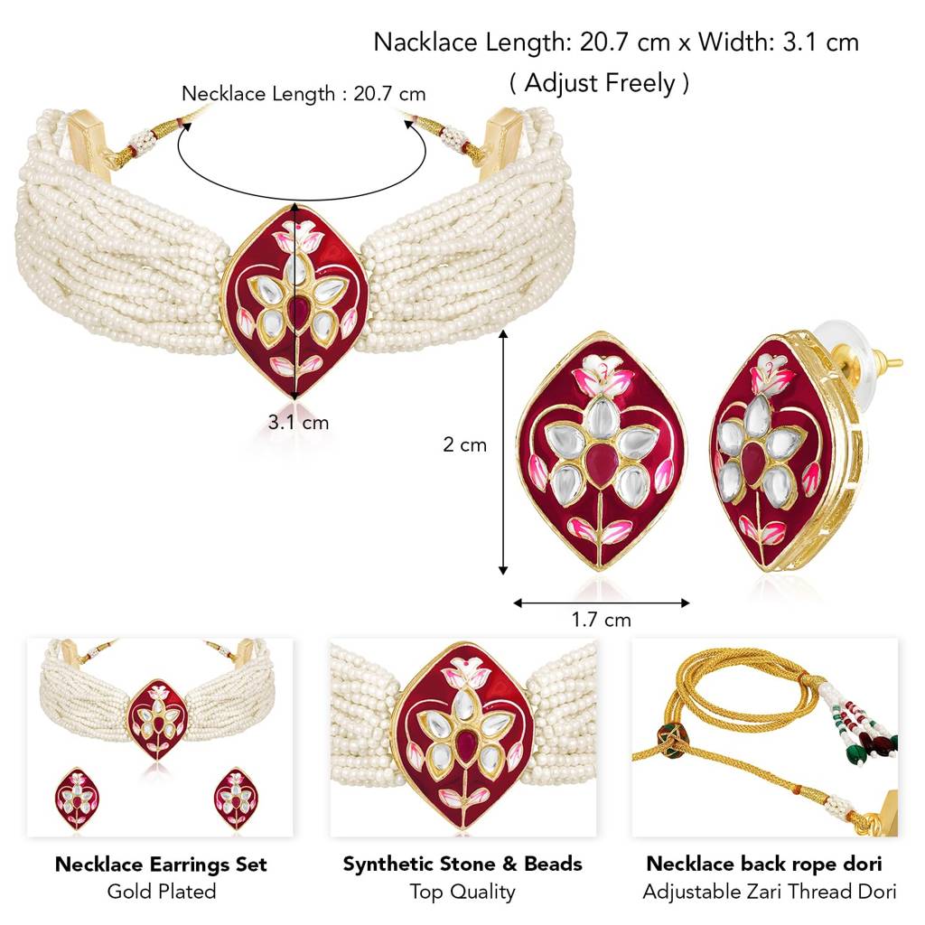 Gold Plated White Synthetic Stone & Beads Studded Meenakari Necklace Stud Earrings Jewellery Set For Women Girls : PF04NK2604RP
