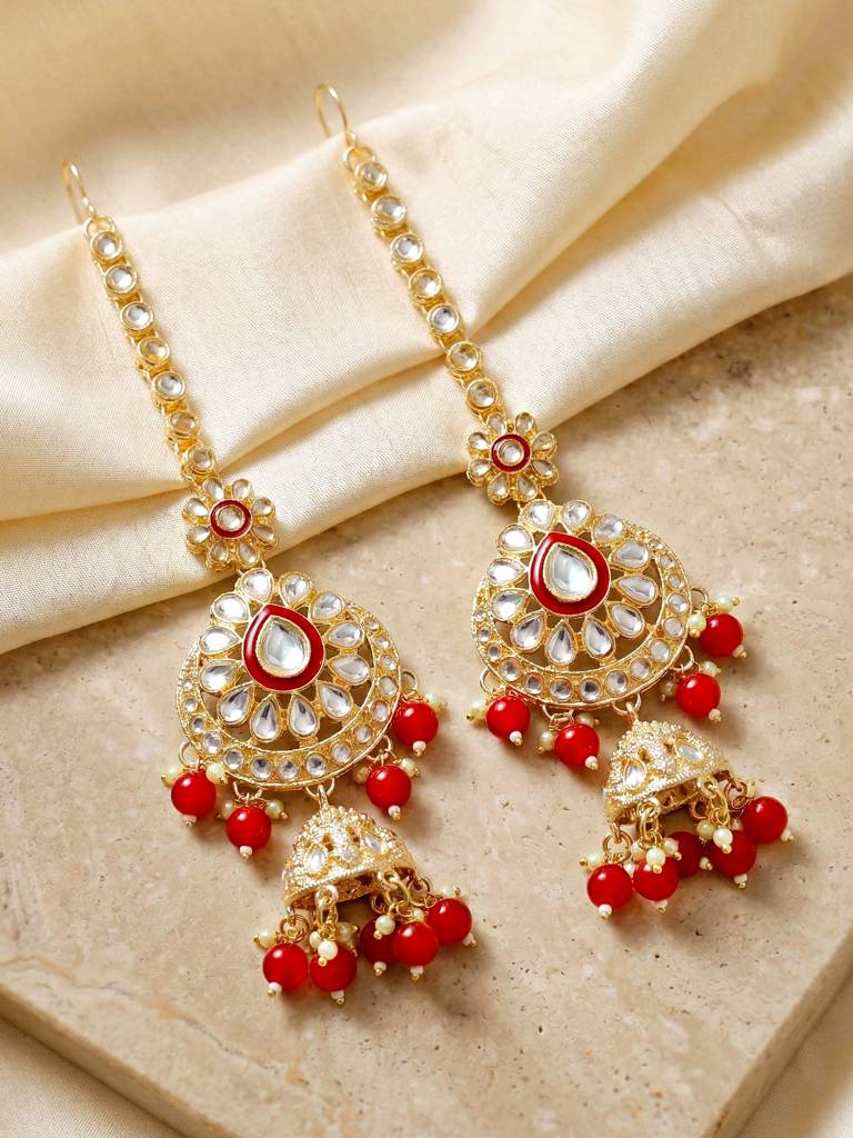 Bridal Kundan Jewellery Set With Hathphool & Nath : 2541-IZK-554-RED
