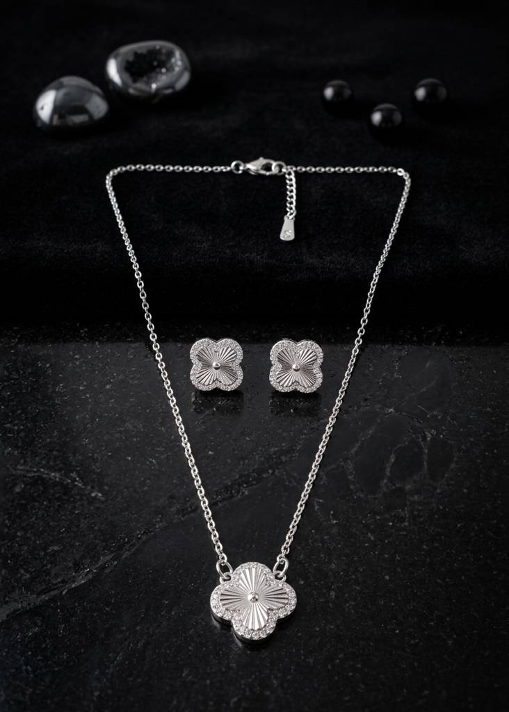 Silver Plated Floral Pendant Necklace & Stud Earrings Set : NEC-999-A8129