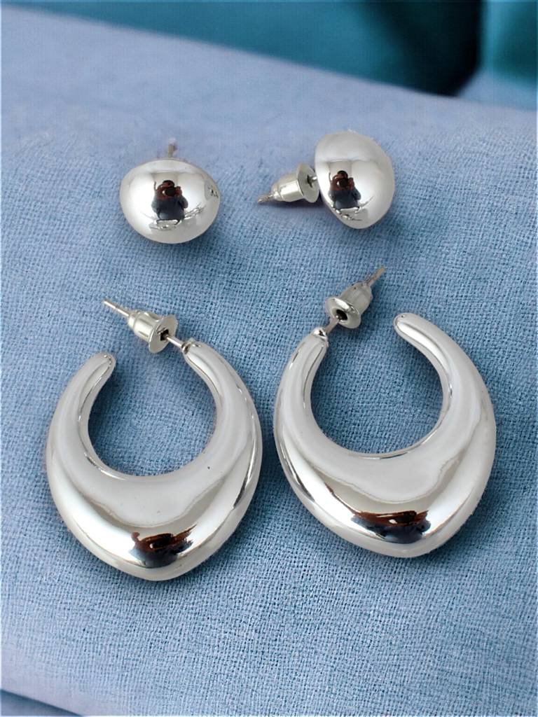 2 Pairs Combo Earrings- Silver Plated Studs And C Shaped Dangle Semi Hoops : 140-CHEX-1018-2