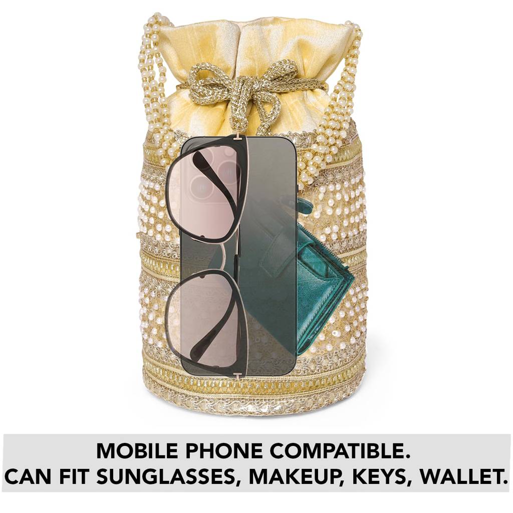 Cylinder Potli Bag With Beads Handle For Women Girls Stylish Bag Ethnic Wristlet Bride Purse With Drawstring : P205CRM-F
