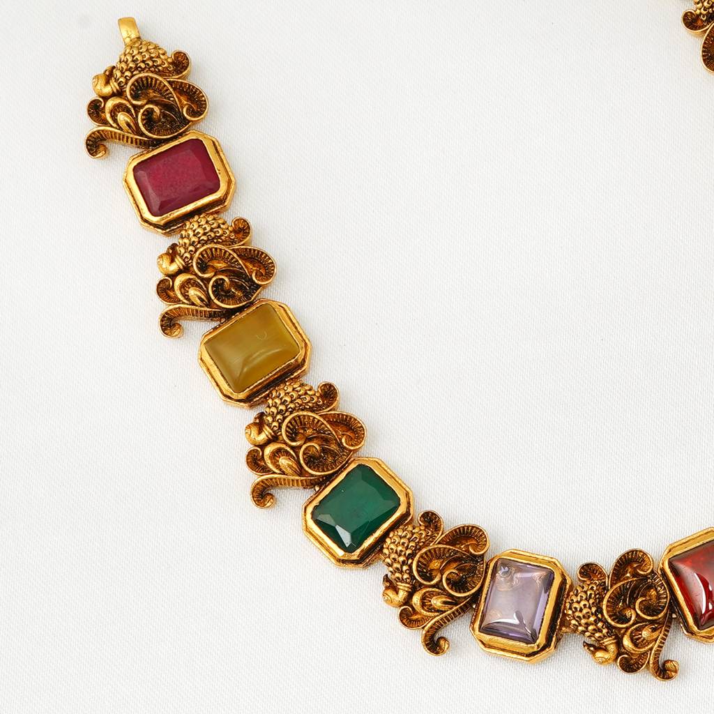 Gold Plated Navaratna Peacock Temple Short Necklace For Women : SKN26M8717