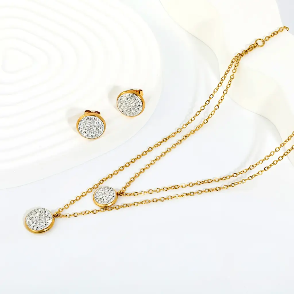 Double Disc Pavé Jewellery Set (Necklace + Earrings) | 18K Gold Plated : TWLK-JWLRYSET-WMNS-DBLDSCPAVE-GLD-PK3