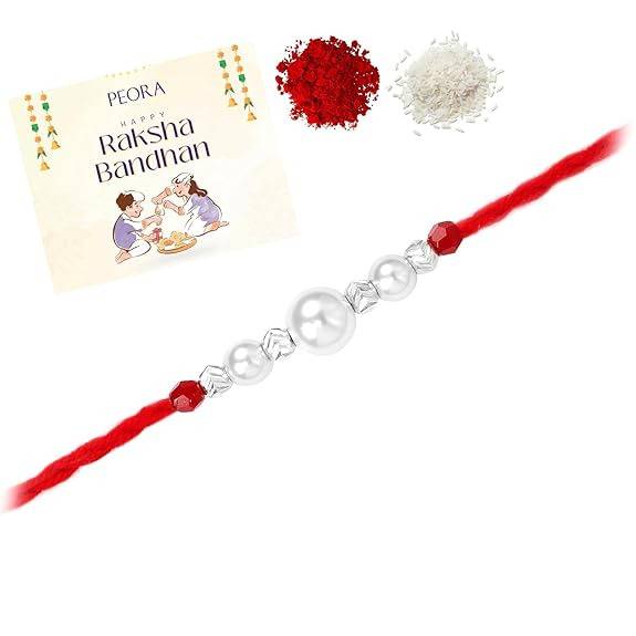 Mens 925 Sterling Silver Pearls Studded Thread Rakhi For Brother Bhaiya|Raksha Bandhan Hamper With Roli Chawal Greeti : R18S12