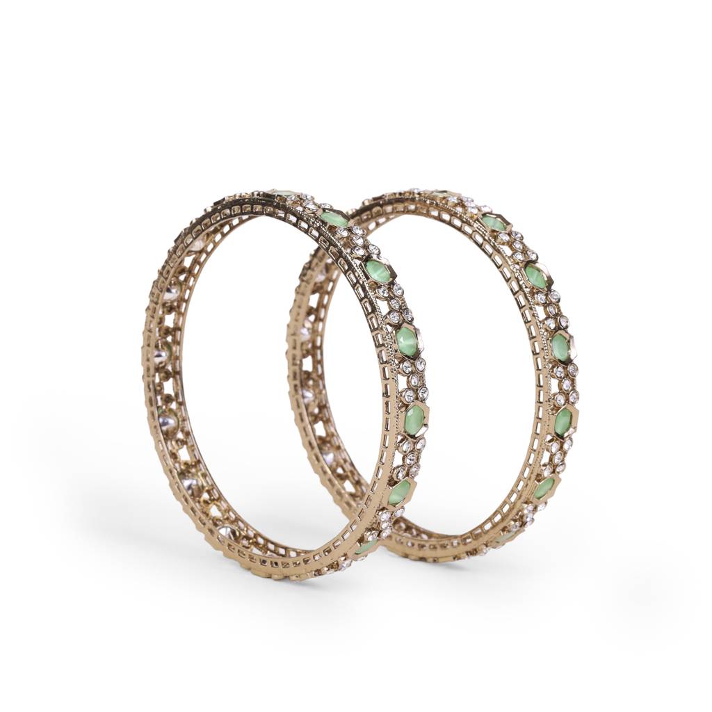 Luxurious Green Crystal Antique Gold Plated Set Of 2 Bangles For Women : 6BG174_210