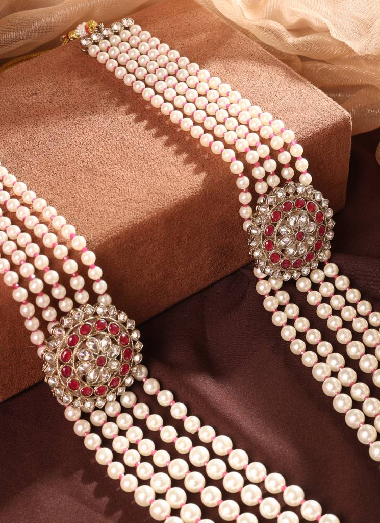 Marvellous Flower Design Pearl 5 String Ruby Stone Kundan Antique Gold Plated Long Haram Necklace Mala For Women  : 6ML55_RUBY