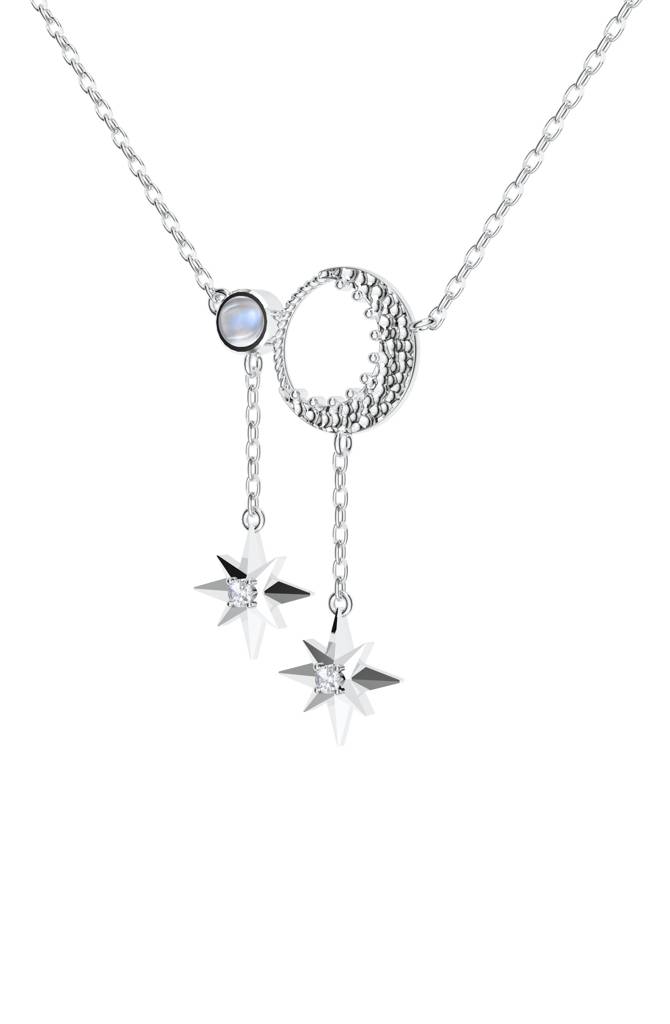 925 Sterling Silver Rainbow Moonstone And Moissanite Pendant Necklace : SILLUXP006_S